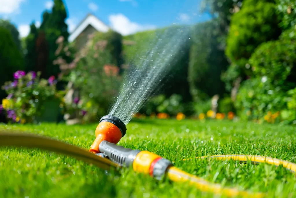 Garden sprinkler watering a lawn in summer